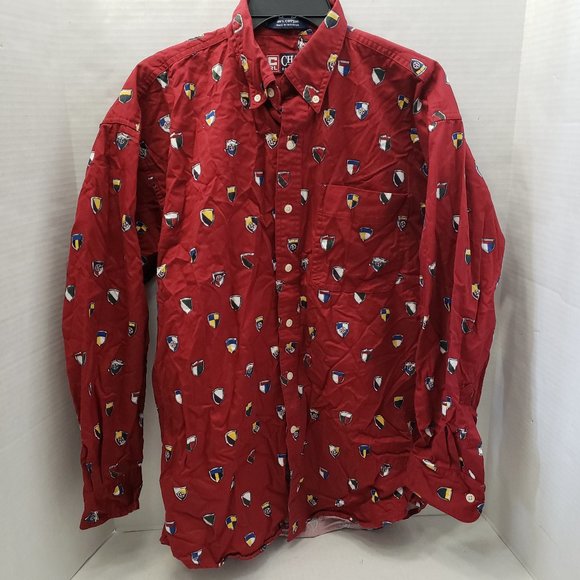 Chaps Ralph Lauren Men Button Down Dark Red Shirt Crest Shield Print Y2K M - Picture 1 of 15